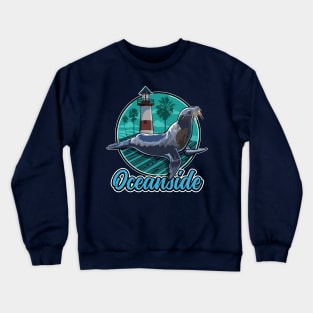 California Sea Lion at Oceanside with Palm trees and Lighthouse Crewneck Sweatshirt